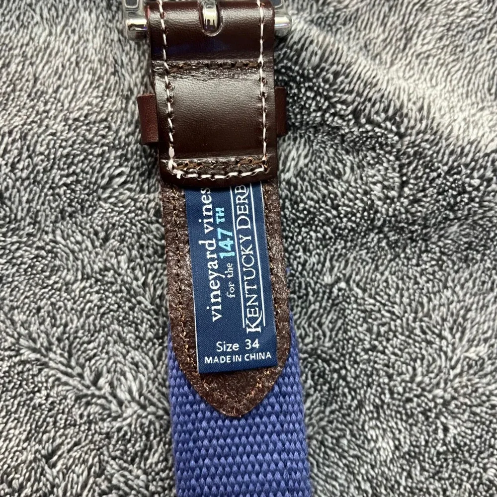 Vineyard Vines Mens 147th Kentucky Derby Horseshoe Canvas Leather Belt Blue 34